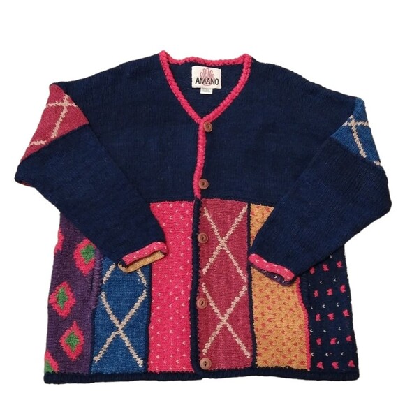 Vintage 80's 90's Retro Amano 100% Wool Chunky Sweater Cardigan - Picture 2 of 10